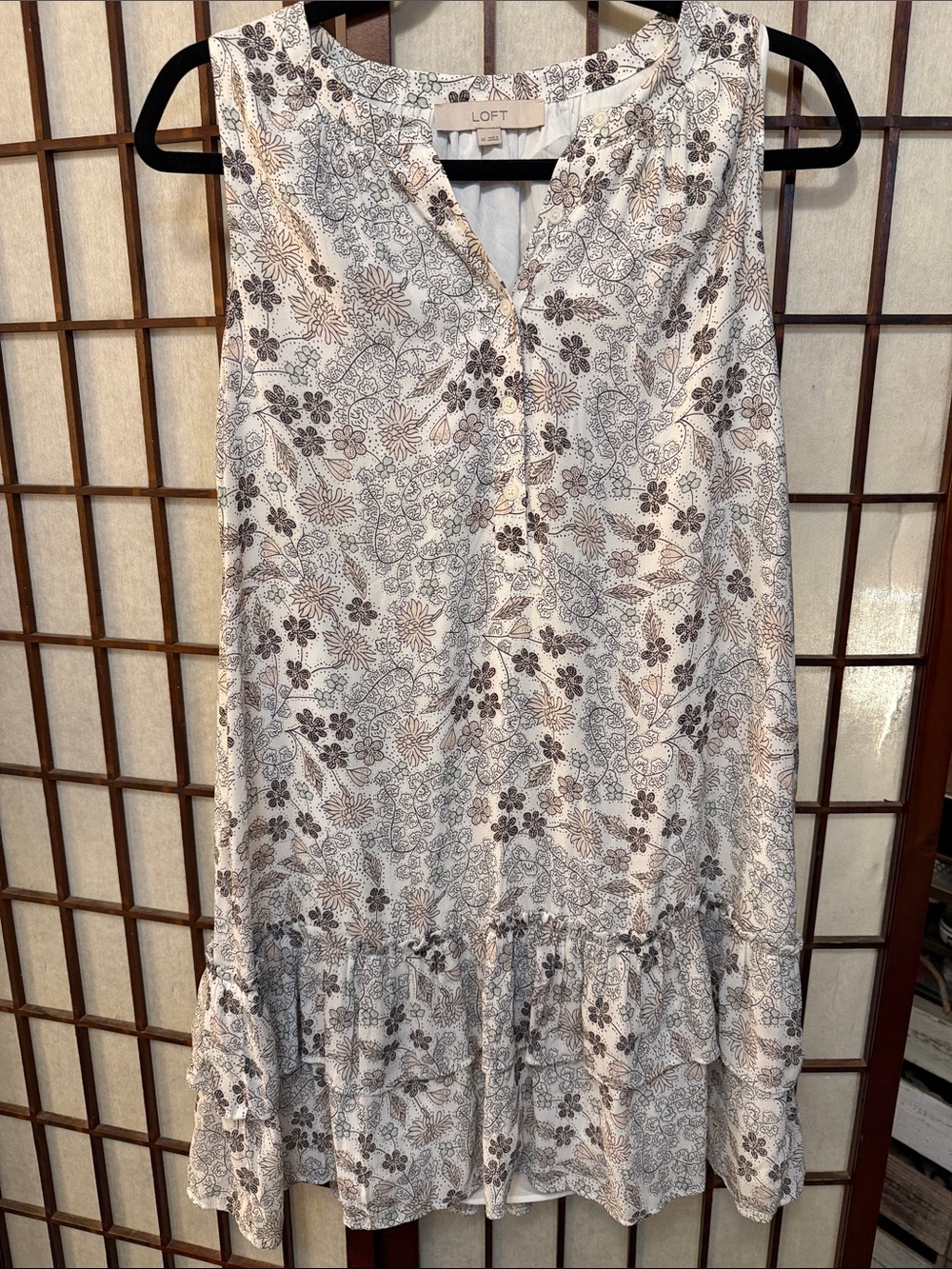 LOFT Cream and Brown Floral Sleeveless Ruffle-Hem Mini Dress